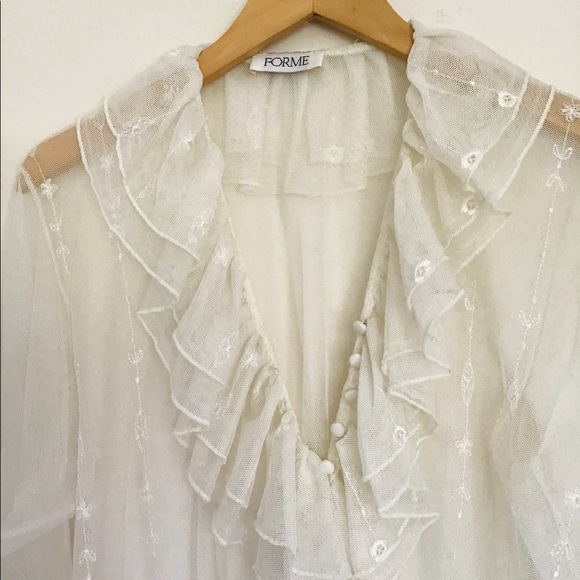 Off White Embroidered Ruffle Mesh Blouse - Picture 3 of 5